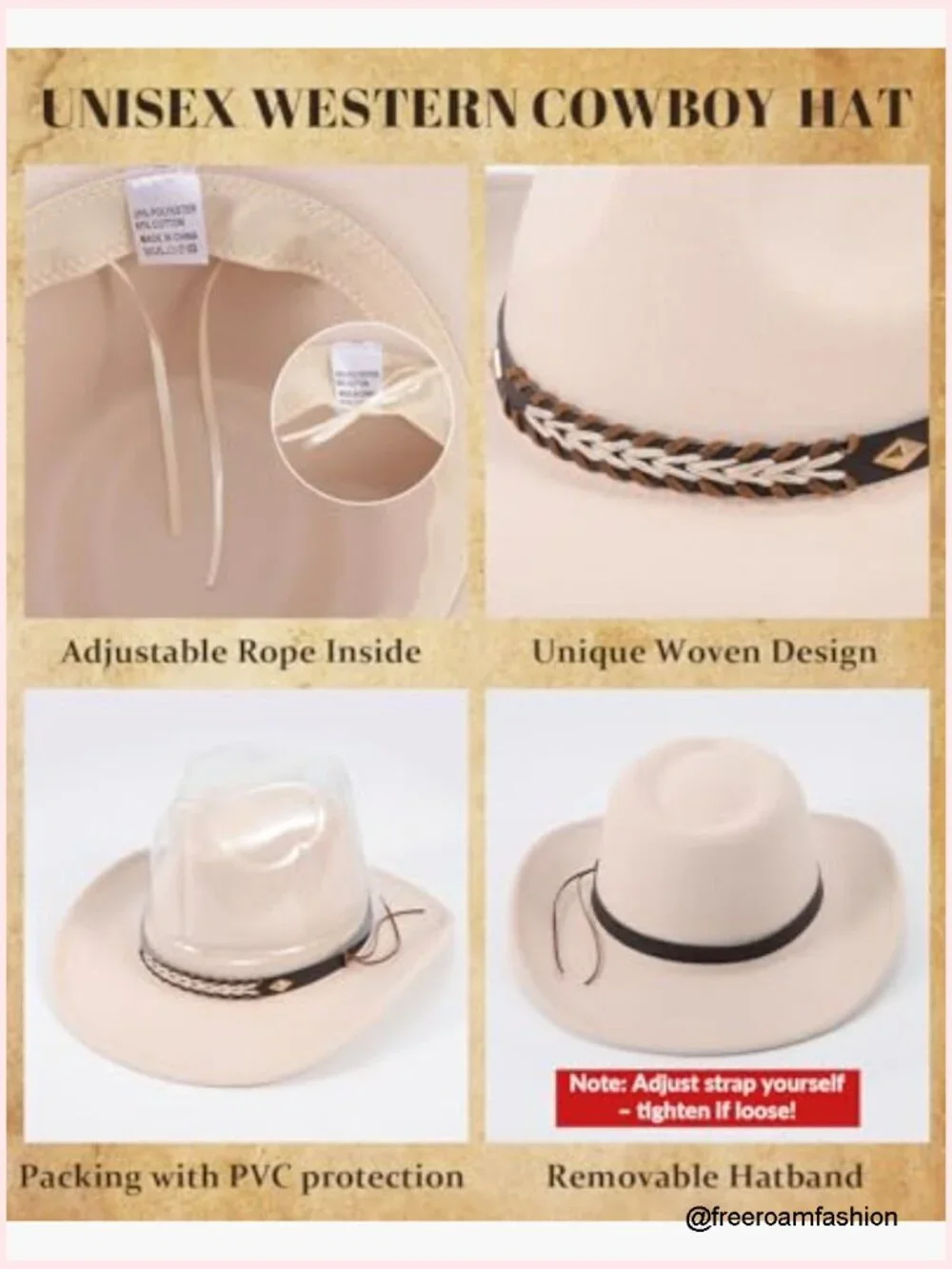 Classic Felt Cowgirl Hat with Adjustable Strap, Unisex